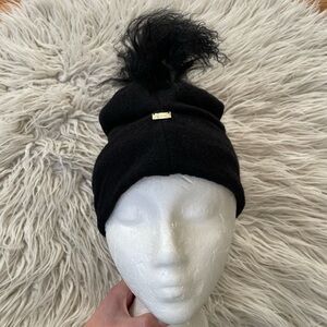 ARAE Black Freya Boiled Wool Polar Fleece Mongolian Fur Pom Pom Beanie Hat OS